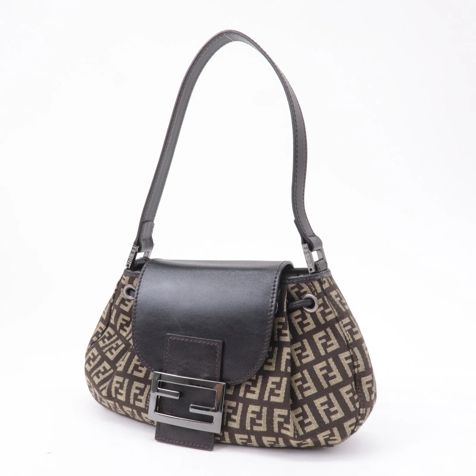 FENDI Zucchino Canvas Leather Shoulder Bag Brown Beige 8BR277