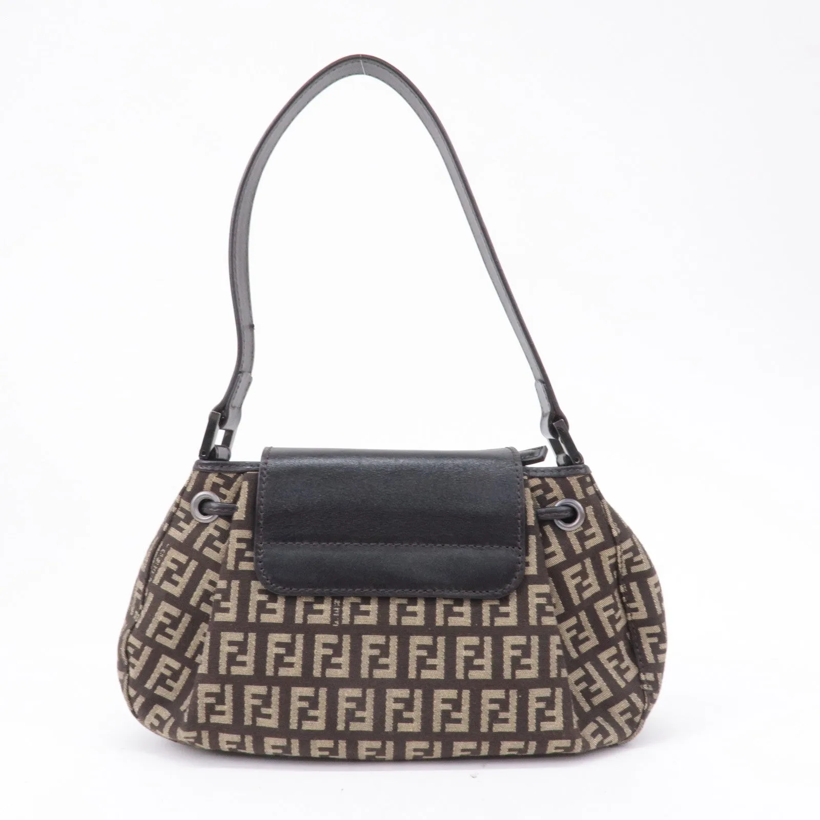 FENDI Zucchino Canvas Leather Shoulder Bag Brown Beige 8BR277