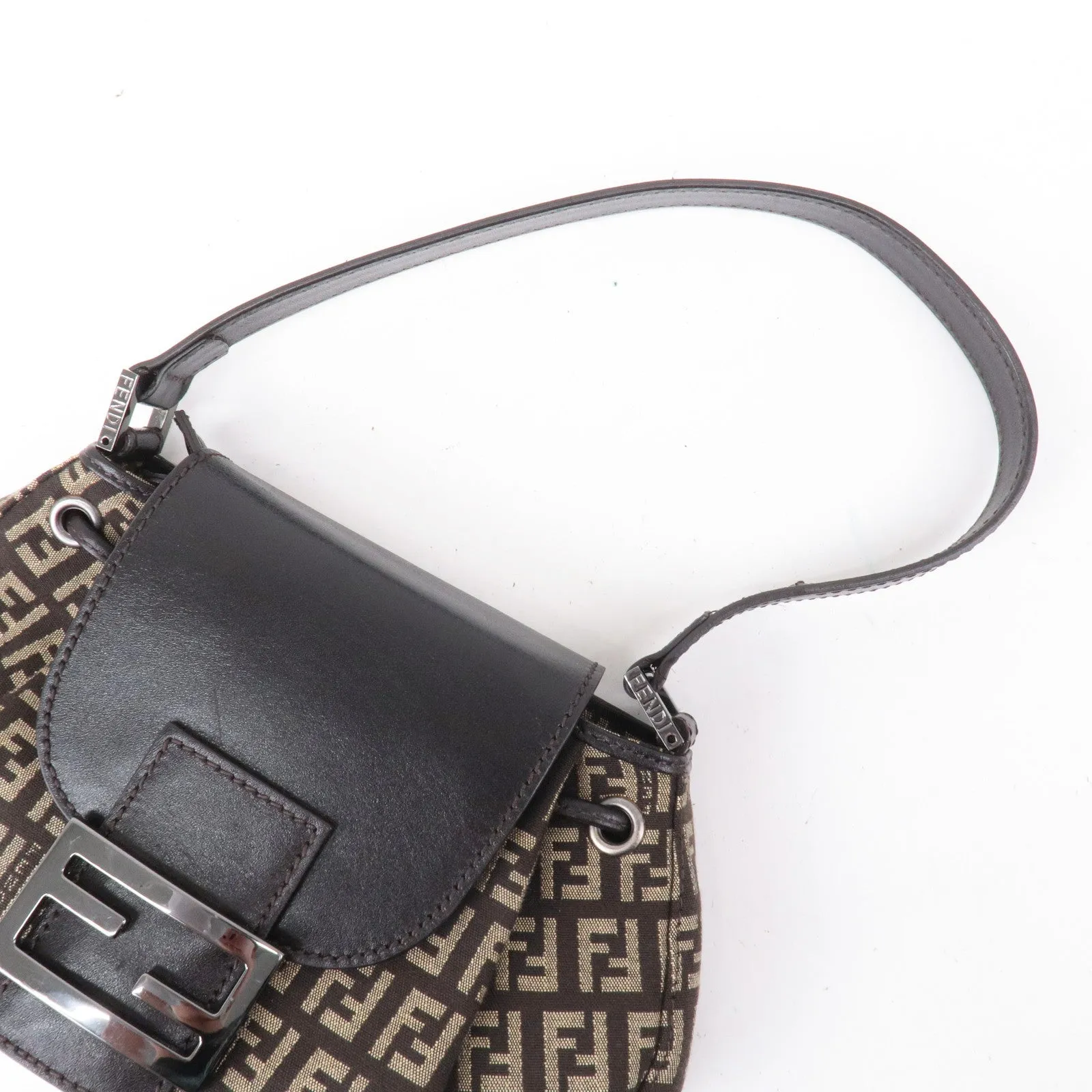 FENDI Zucchino Canvas Leather Shoulder Bag Brown Beige 8BR277