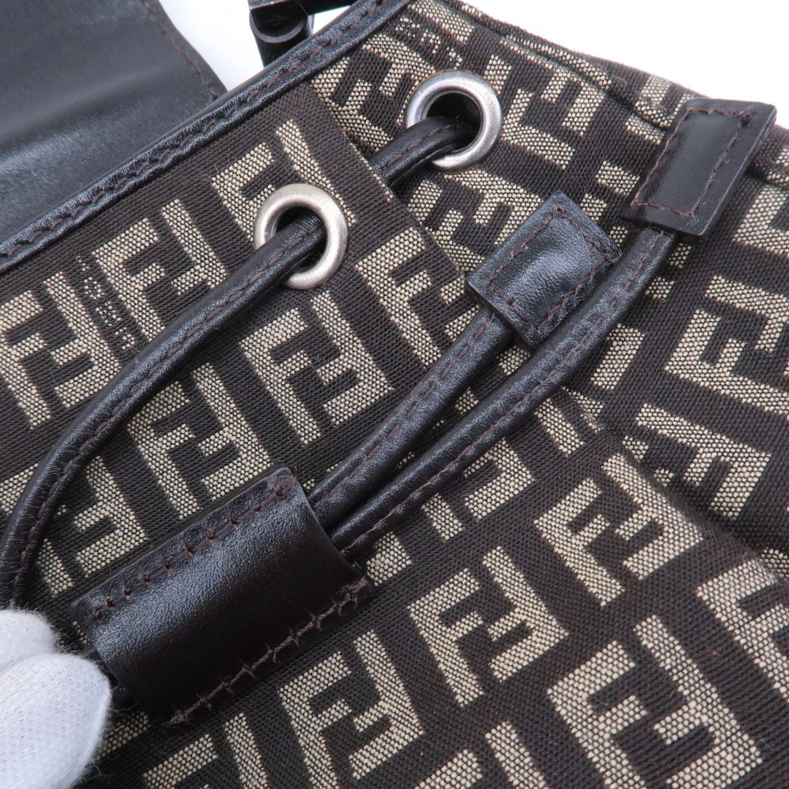 FENDI Zucchino Canvas Leather Shoulder Bag Brown Beige 8BR277