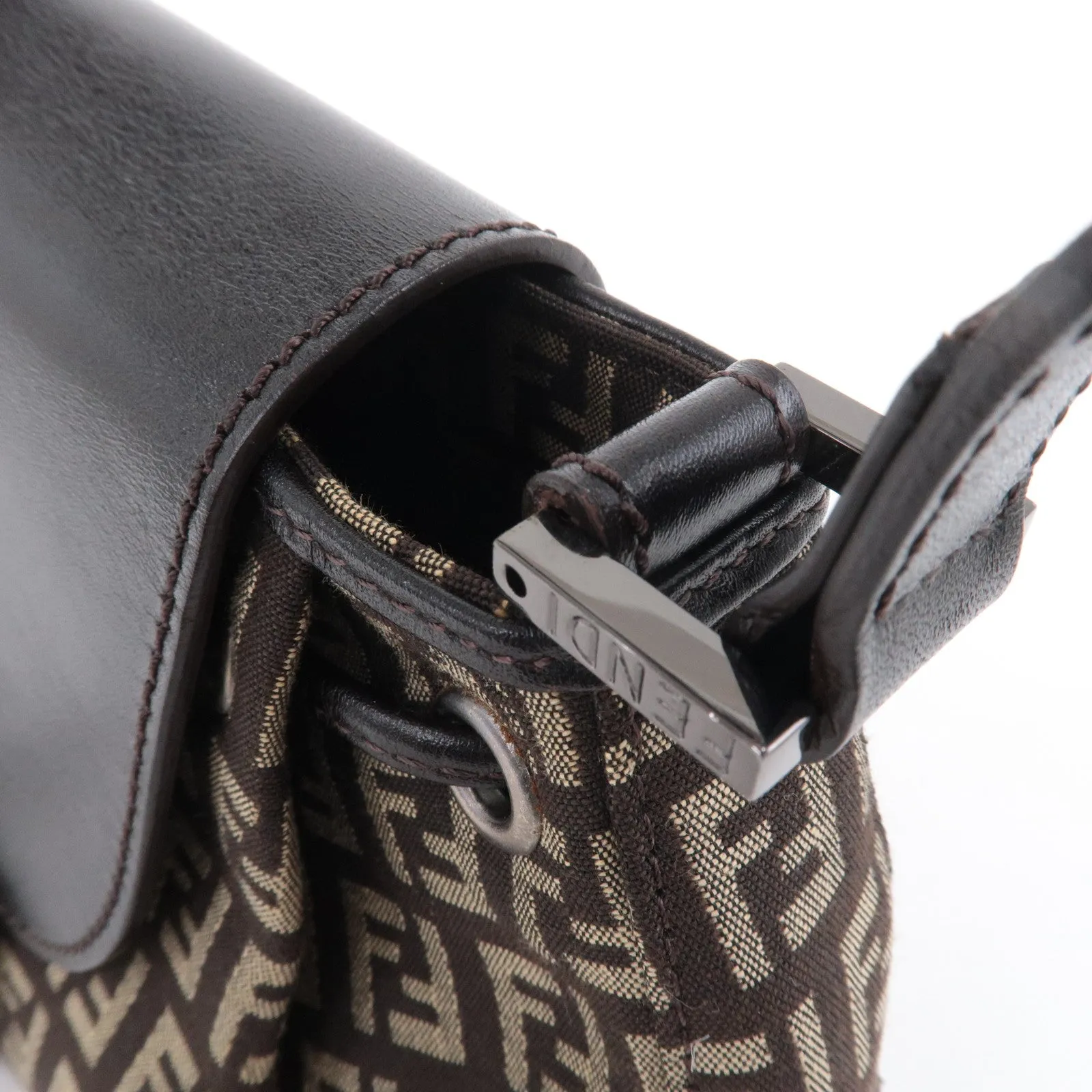 FENDI Zucchino Canvas Leather Shoulder Bag Brown Beige 8BR277