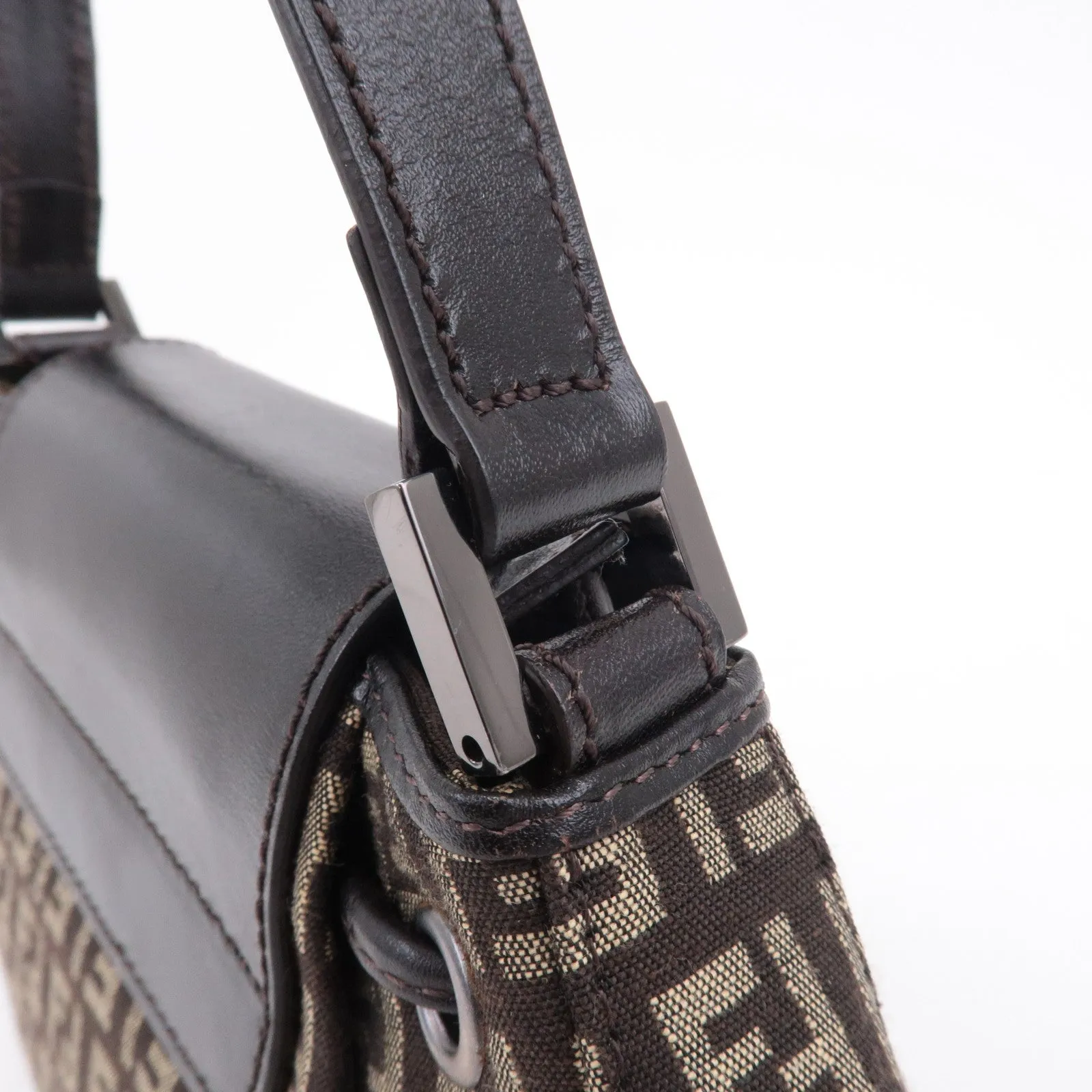 FENDI Zucchino Canvas Leather Shoulder Bag Brown Beige 8BR277
