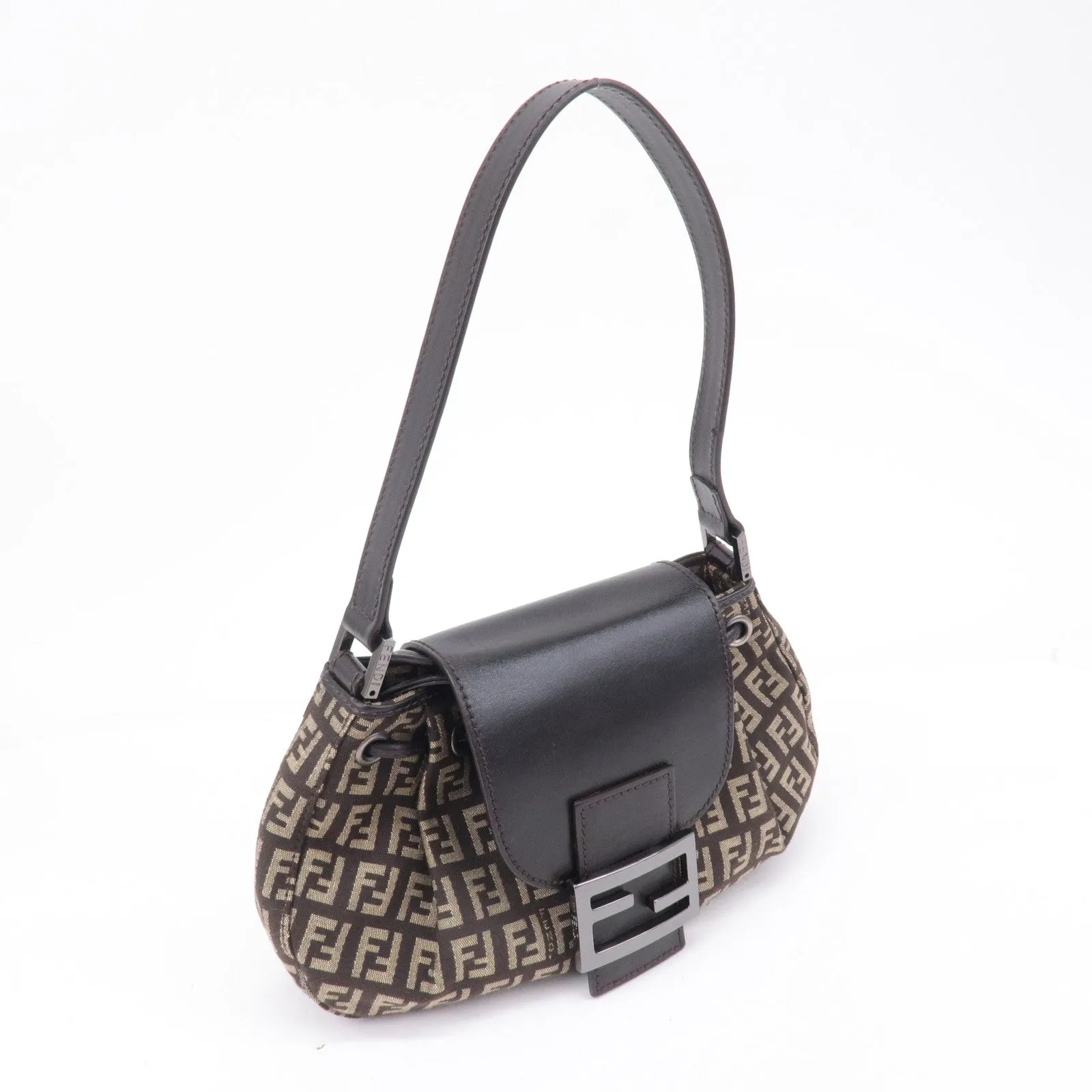 FENDI Zucchino Canvas Leather Shoulder Bag Brown Beige 8BR277