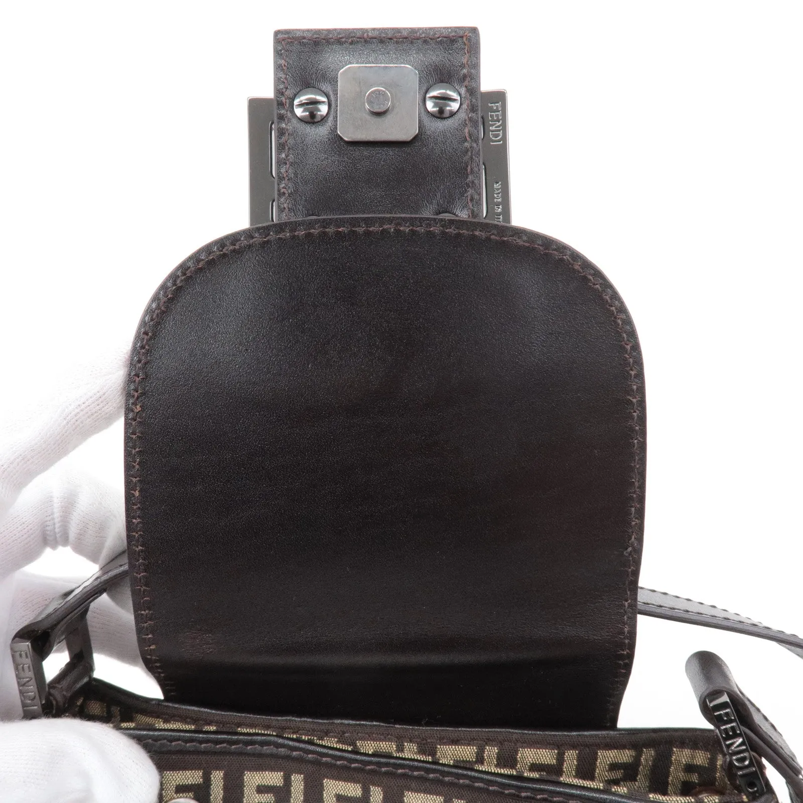 FENDI Zucchino Canvas Leather Shoulder Bag Brown Beige 8BR277