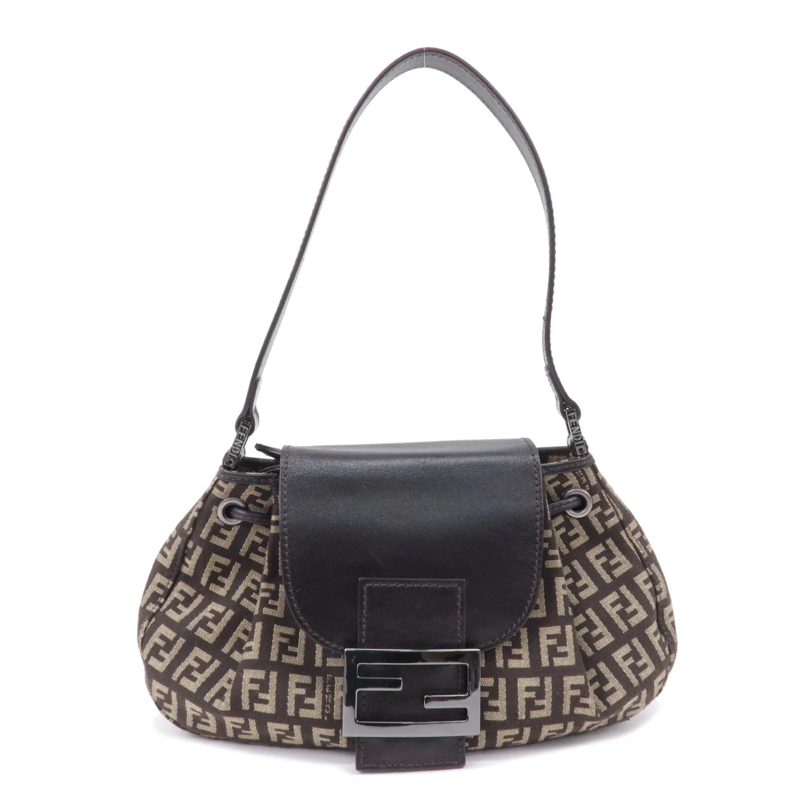 FENDI Zucchino Canvas Leather Shoulder Bag Brown Beige 8BR277