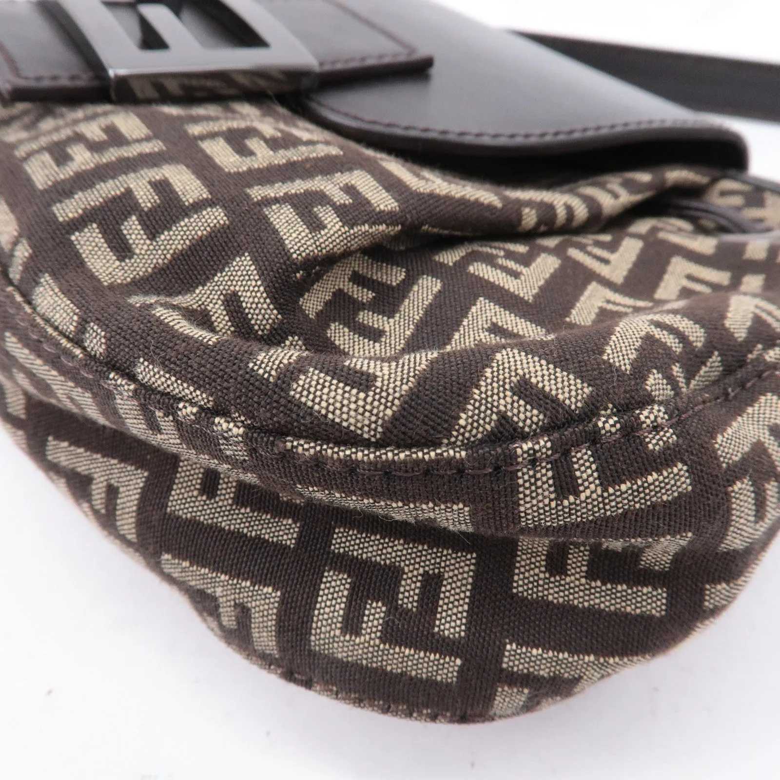 FENDI Zucchino Canvas Leather Shoulder Bag Brown Beige 8BR277