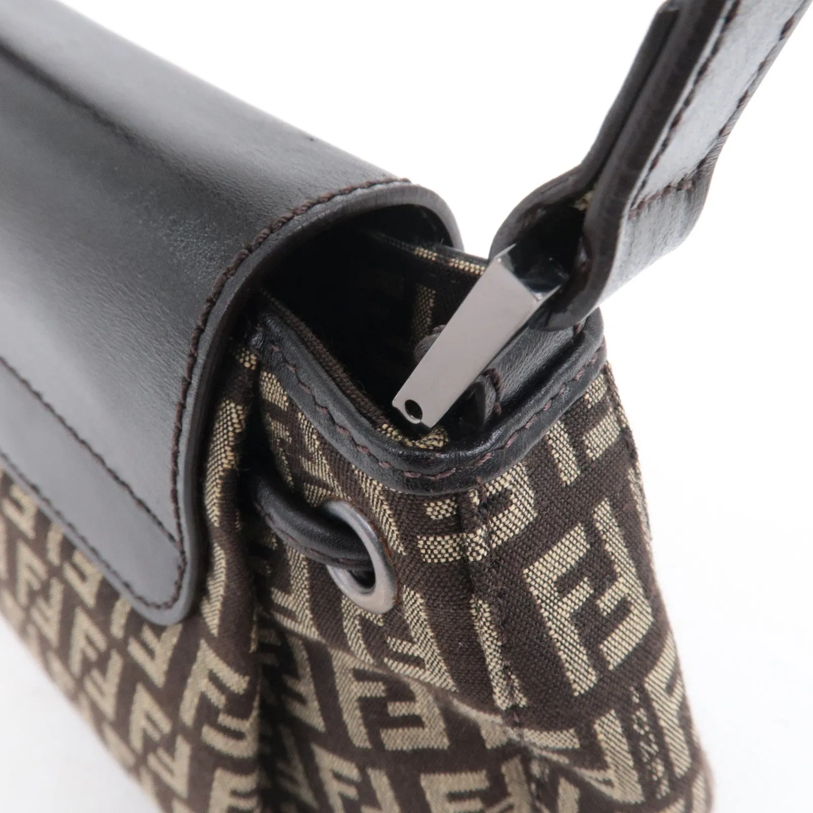FENDI Zucchino Canvas Leather Shoulder Bag Brown Beige 8BR277