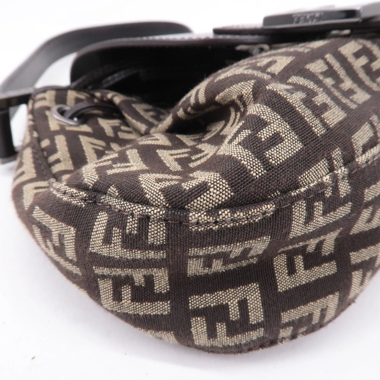 FENDI Zucchino Canvas Leather Shoulder Bag Brown Beige 8BR277