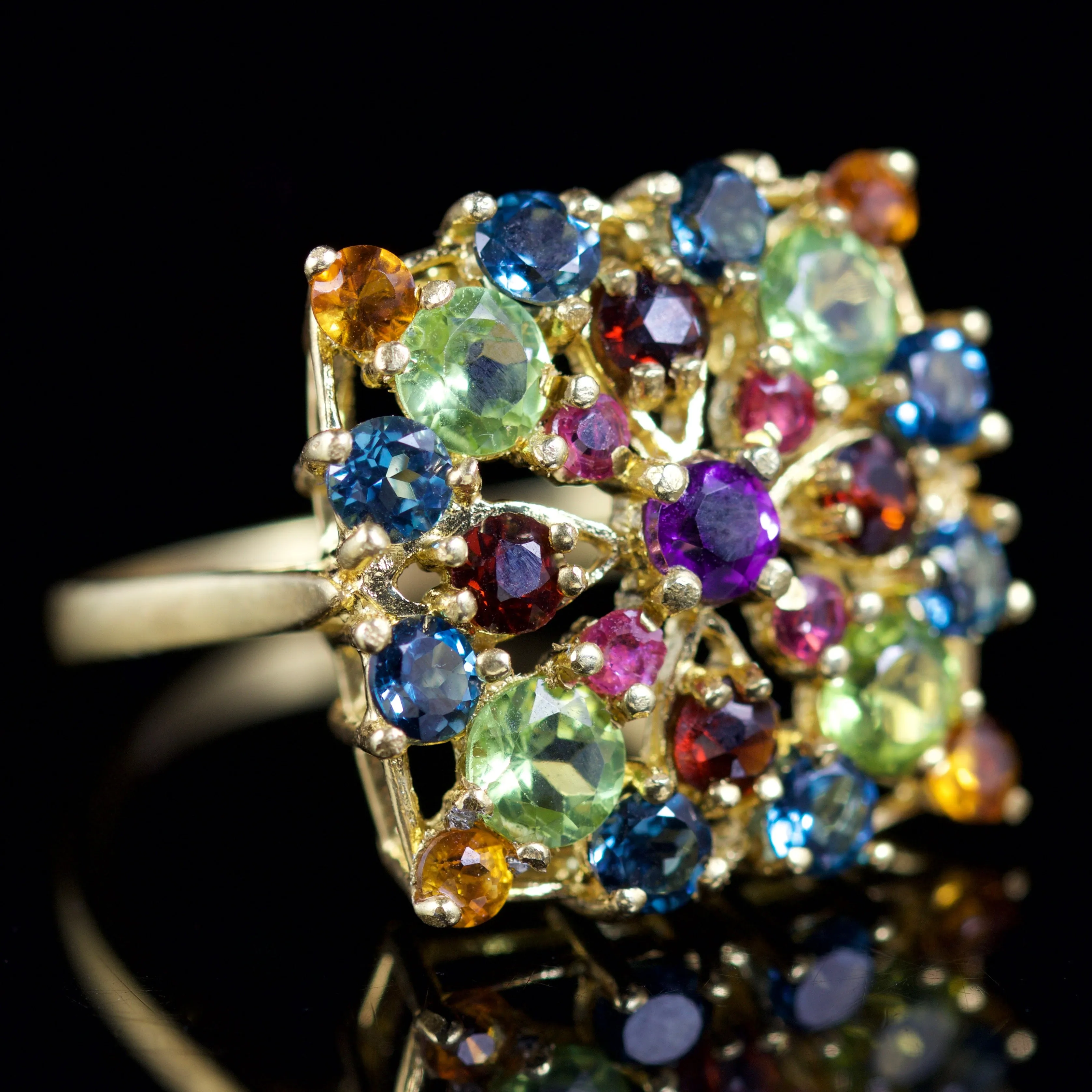 Gemstone Mixture Square Ring 18Ct Gold On Silver