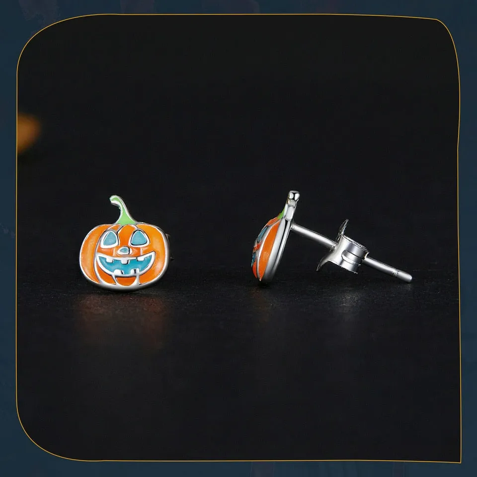 Glow-in-the-dark Pumpkin Stud Earrings (Sterling Silver, Halloween Jewelry)