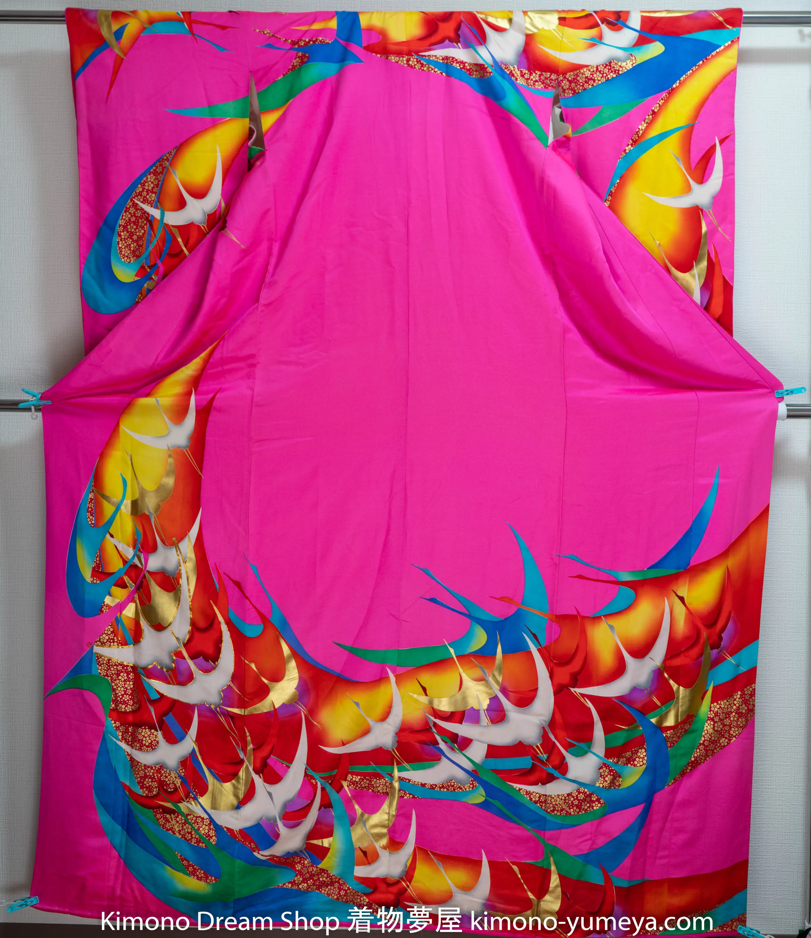 Hot Pink Silk Kakeshita Wedding Kimono Long Japanese Bridal Dress Bride Shiny Flying Herons Retro