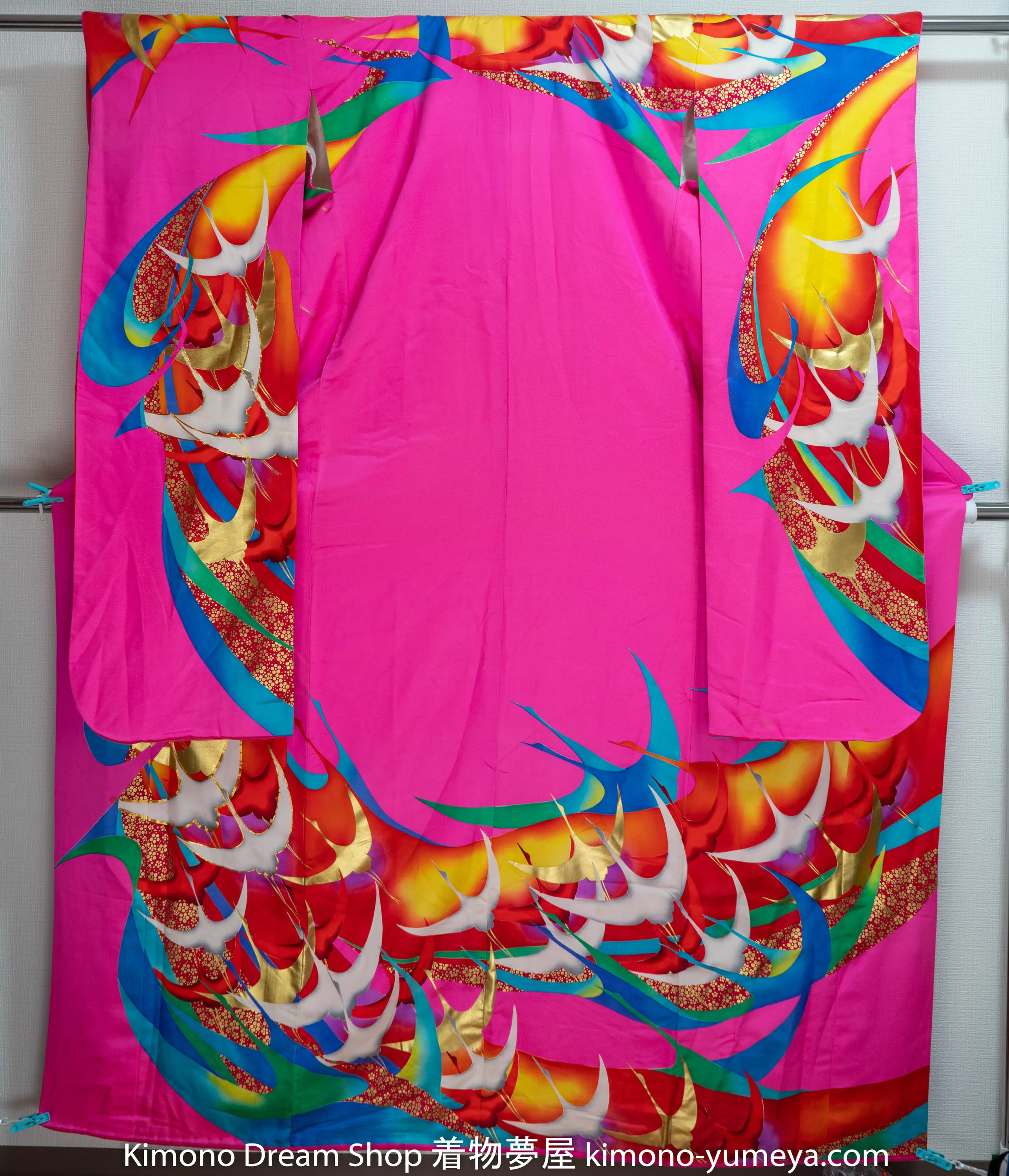 Hot Pink Silk Kakeshita Wedding Kimono Long Japanese Bridal Dress Bride Shiny Flying Herons Retro