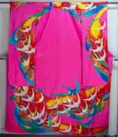 Hot Pink Silk Kakeshita Wedding Kimono Long Japanese Bridal Dress Bride Shiny Flying Herons Retro
