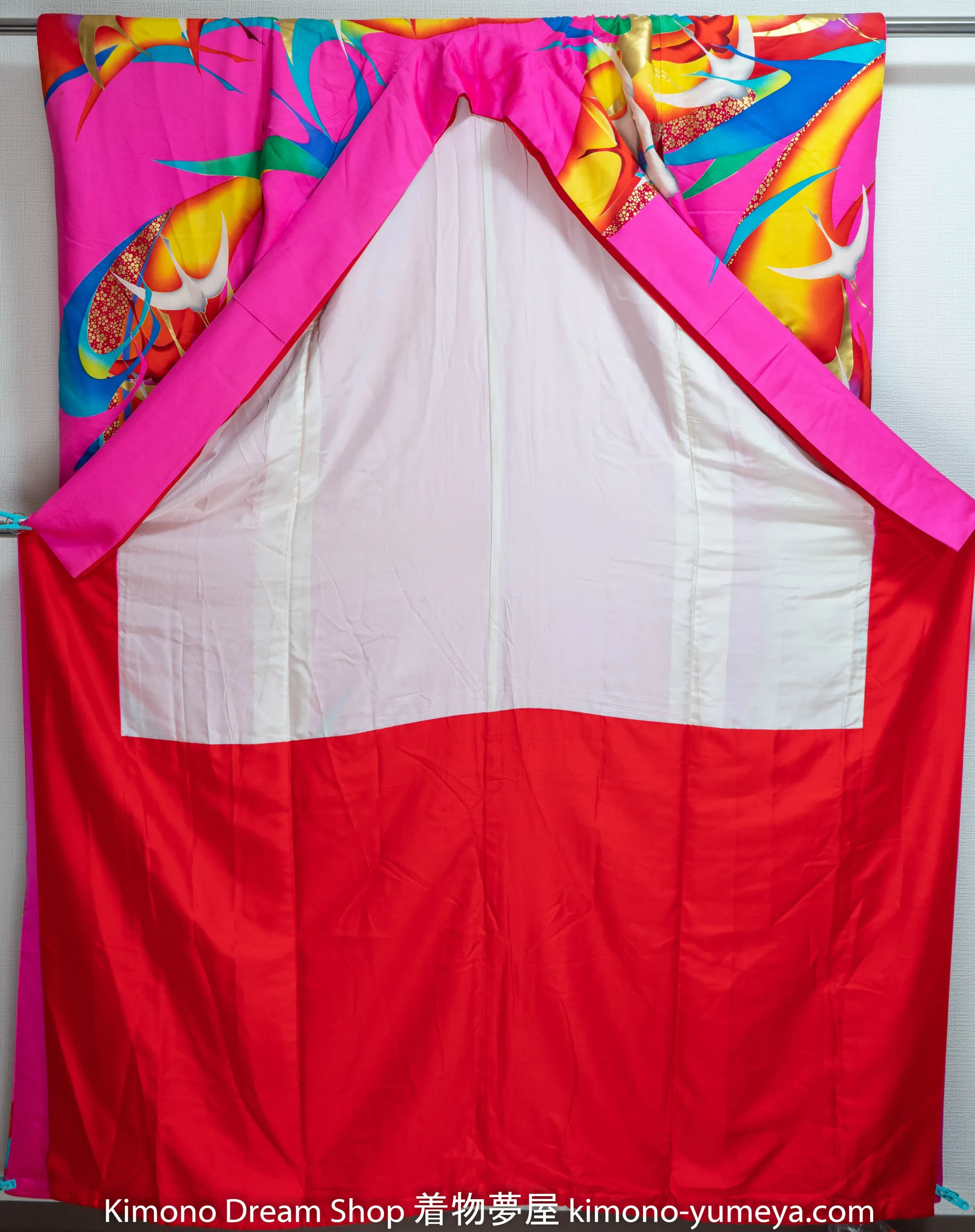 Hot Pink Silk Kakeshita Wedding Kimono Long Japanese Bridal Dress Bride Shiny Flying Herons Retro