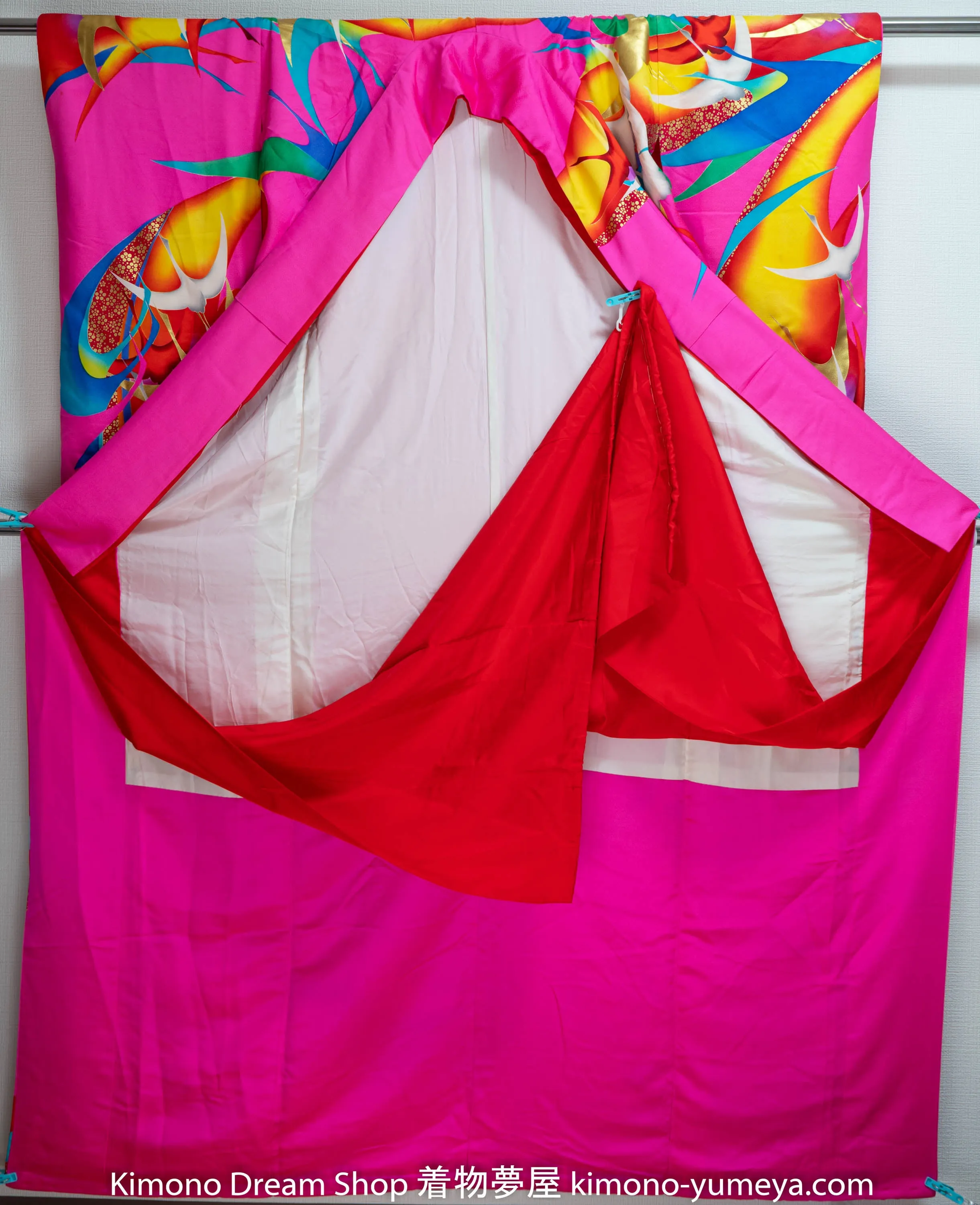 Hot Pink Silk Kakeshita Wedding Kimono Long Japanese Bridal Dress Bride Shiny Flying Herons Retro