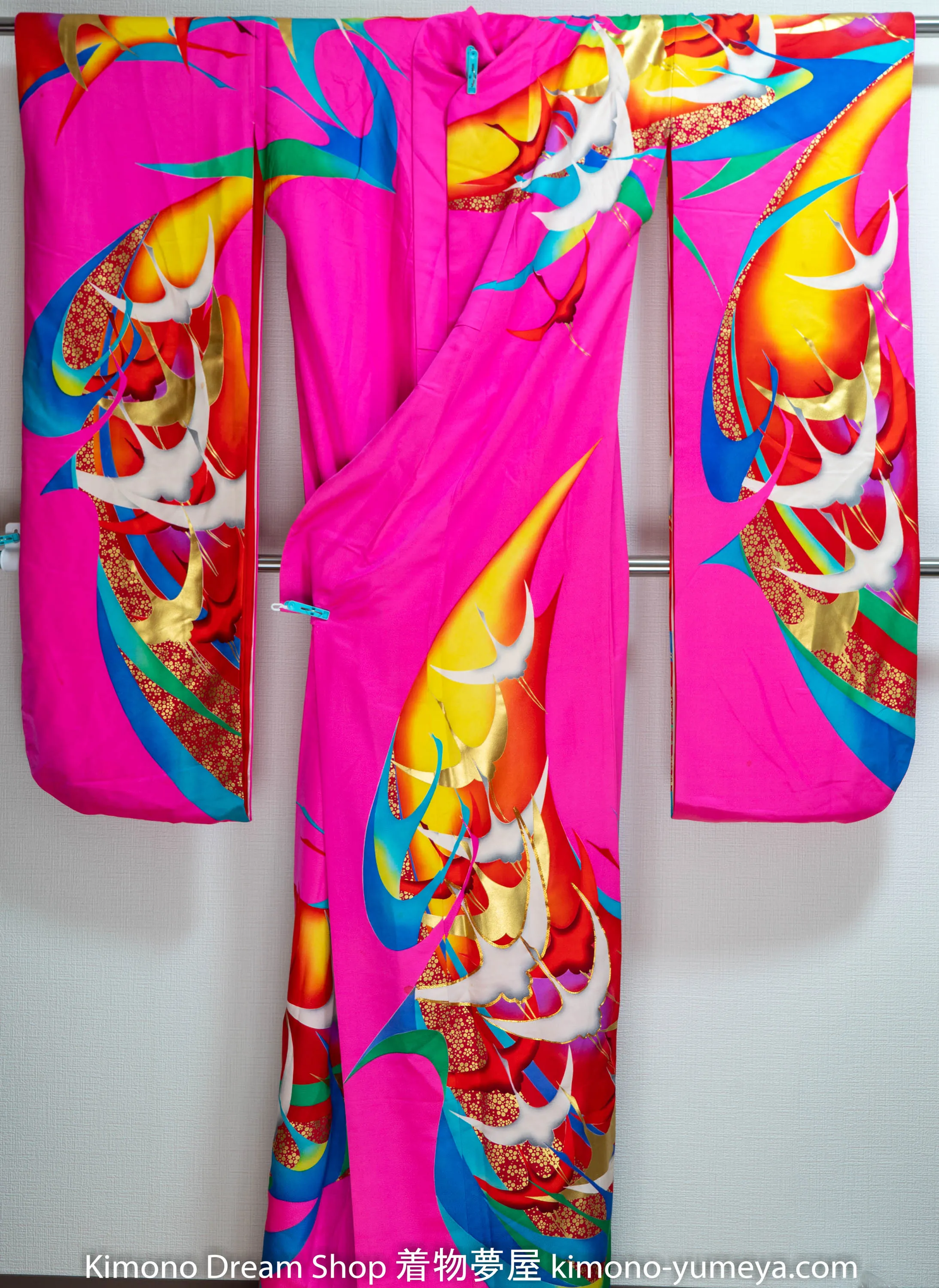 Hot Pink Silk Kakeshita Wedding Kimono Long Japanese Bridal Dress Bride Shiny Flying Herons Retro