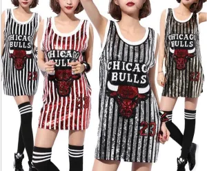 LADIES SEQUINS BULLS 23 TANK TOP CUSTOM THROWBACK TSHIRT DRESS