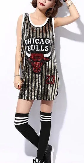 LADIES SEQUINS BULLS 23 TANK TOP CUSTOM THROWBACK TSHIRT DRESS
