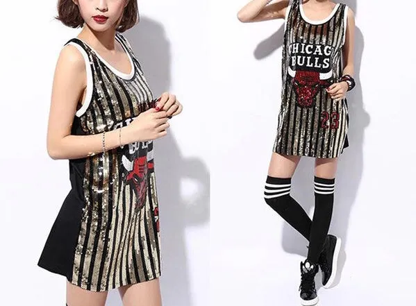 LADIES SEQUINS BULLS 23 TANK TOP CUSTOM THROWBACK TSHIRT DRESS