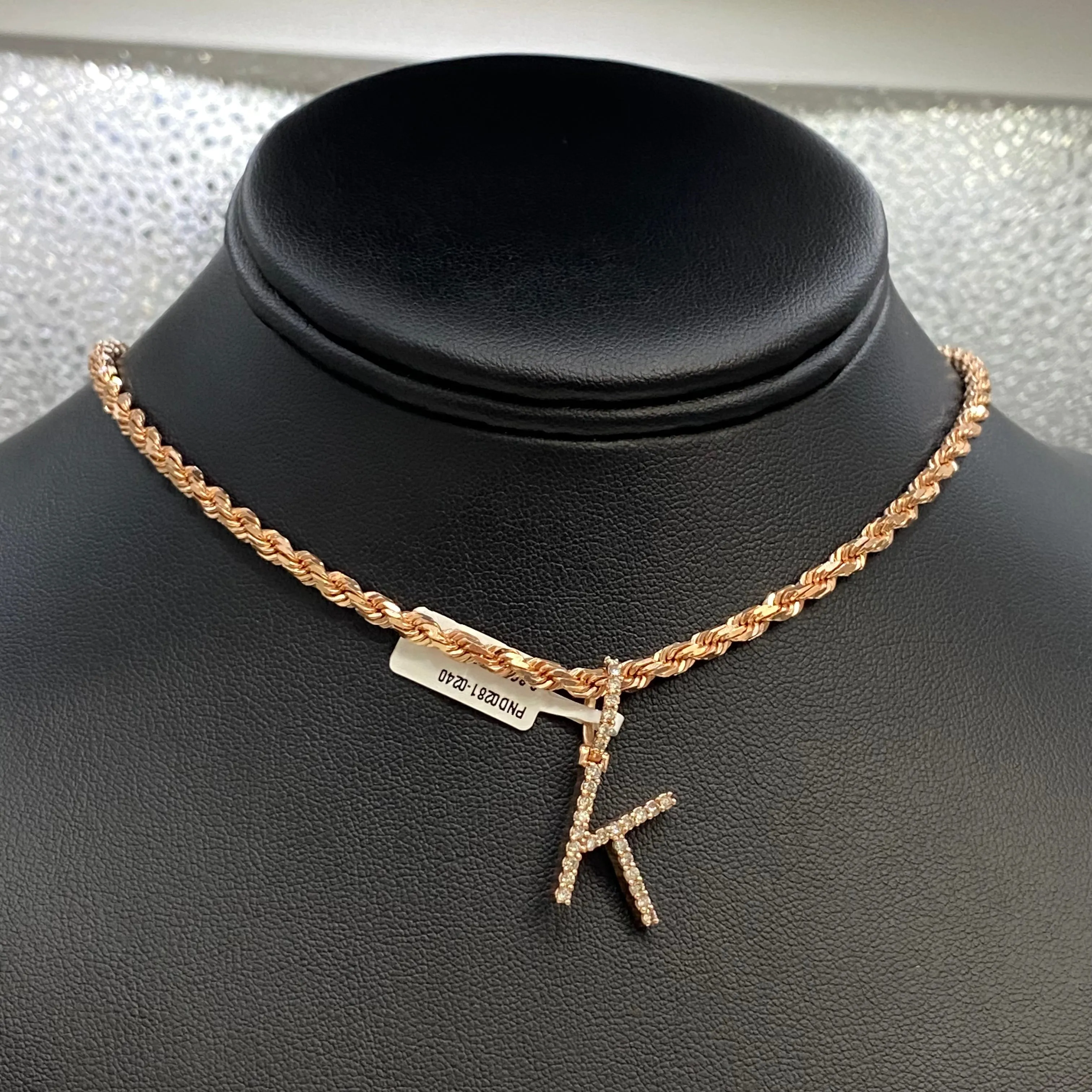 Letter K Pendant 10K Rose Gold With Diamond / 2.3gr