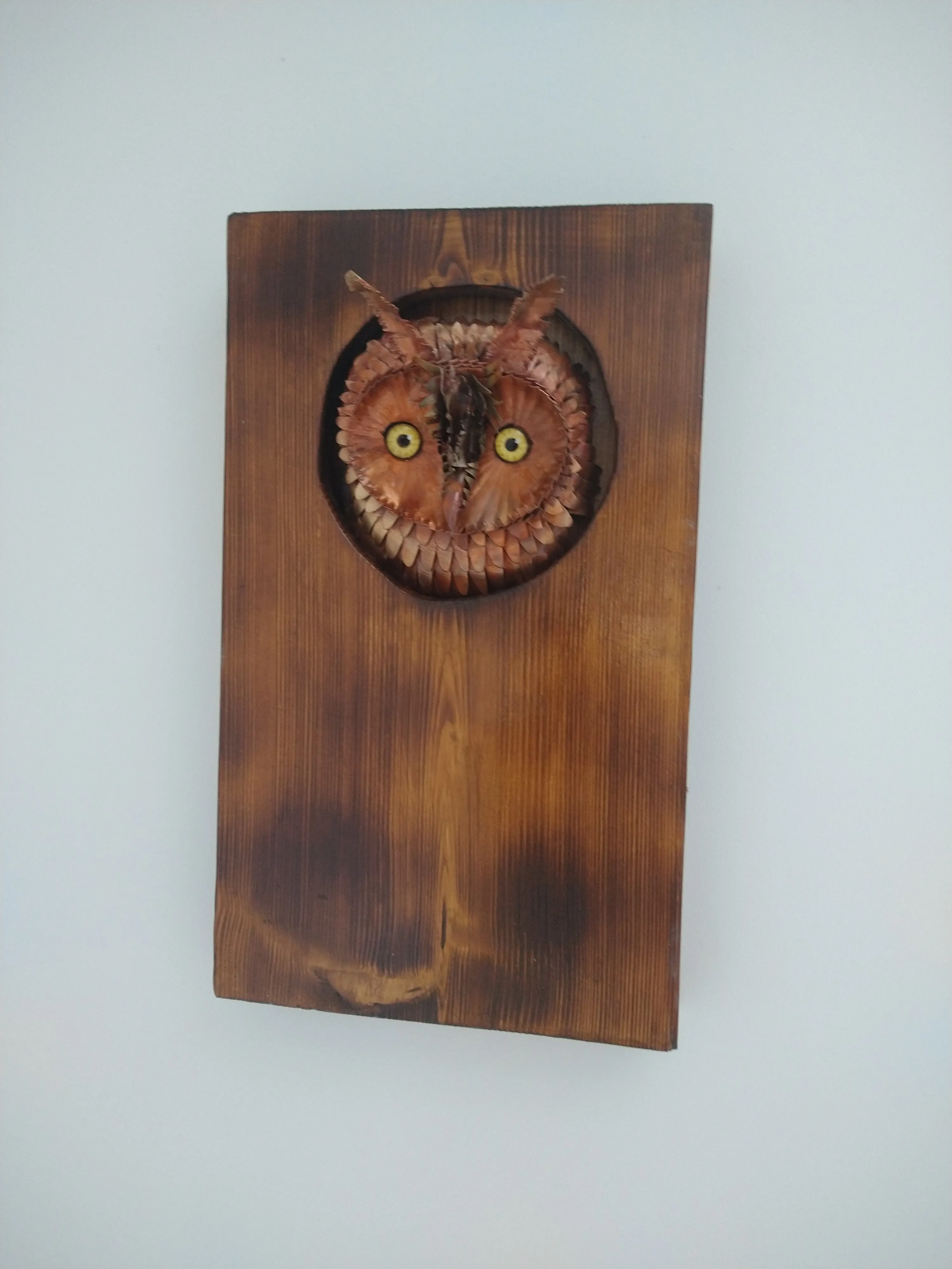 Long-eared owl copper sculpture