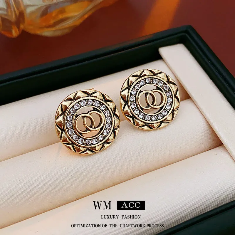 Luxurious Round Geometric Flower Alloy Diamond Inlay Earrings