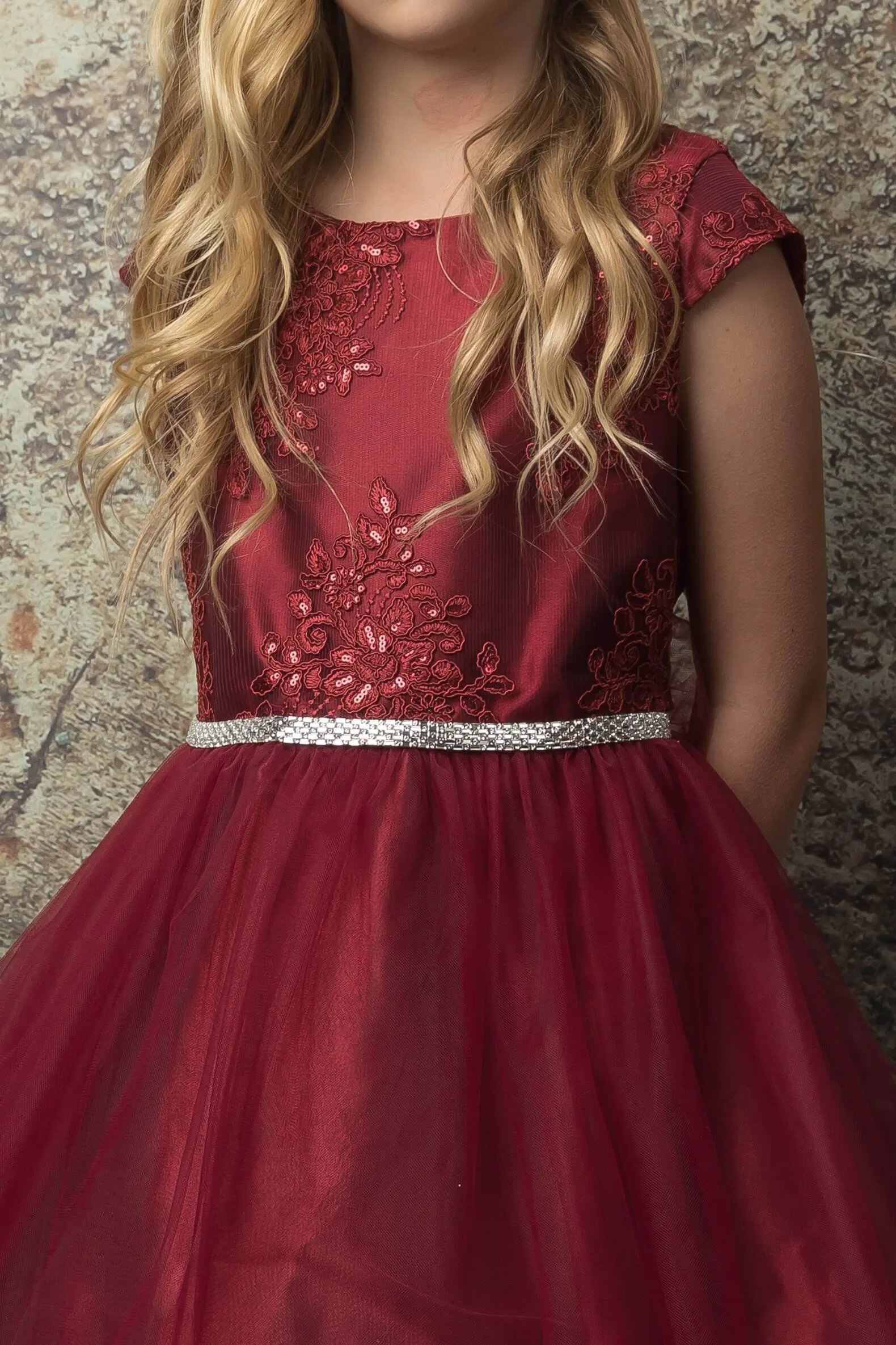 Luxurious Silk & Glittery Tulle Top Burgundy