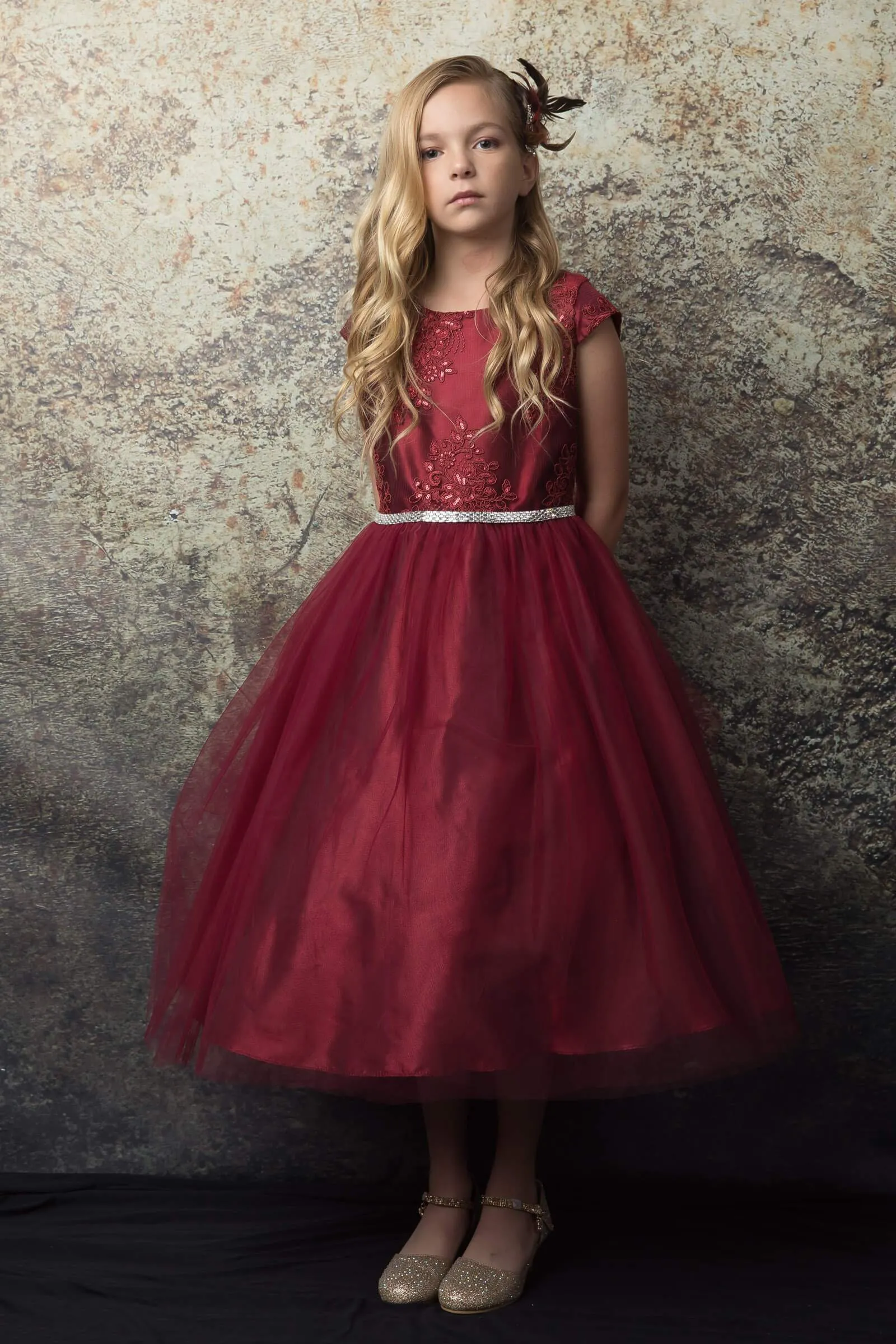 Luxurious Silk & Glittery Tulle Top Burgundy