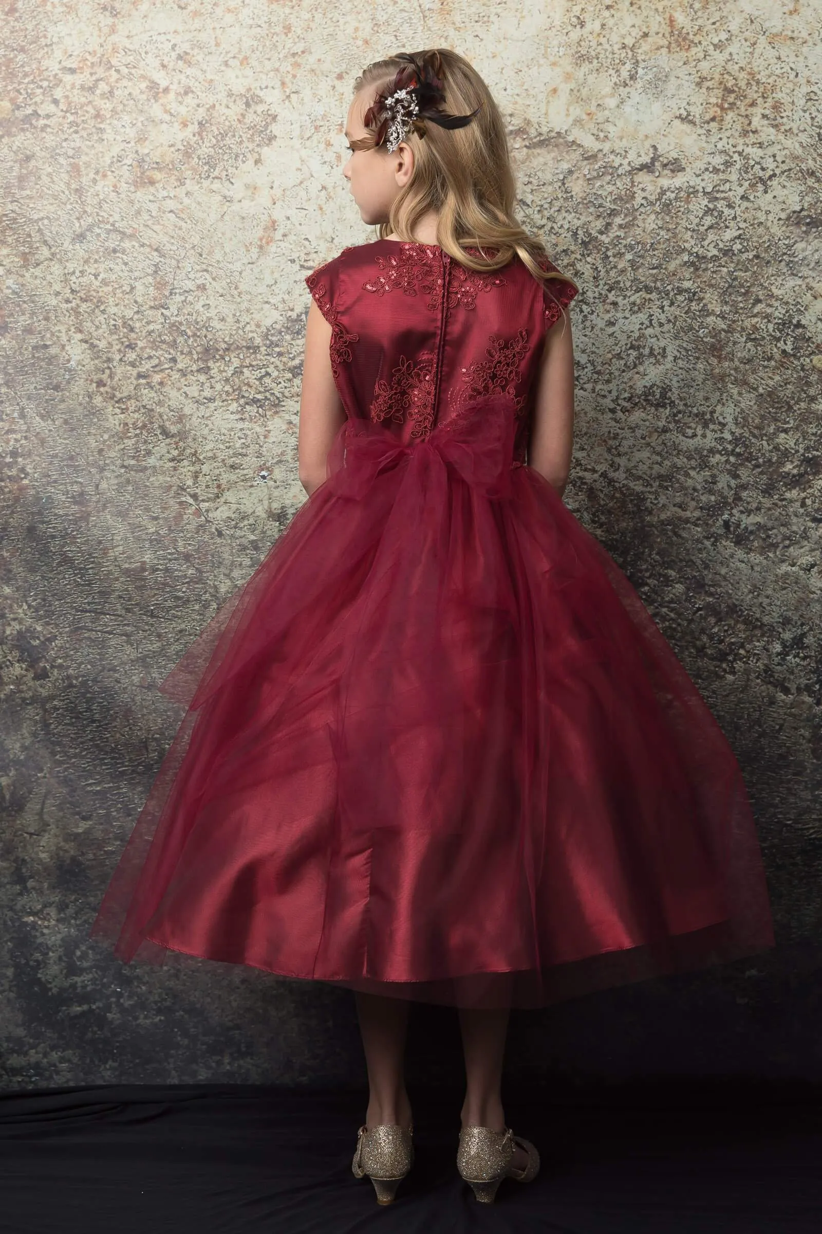 Luxurious Silk & Glittery Tulle Top Burgundy