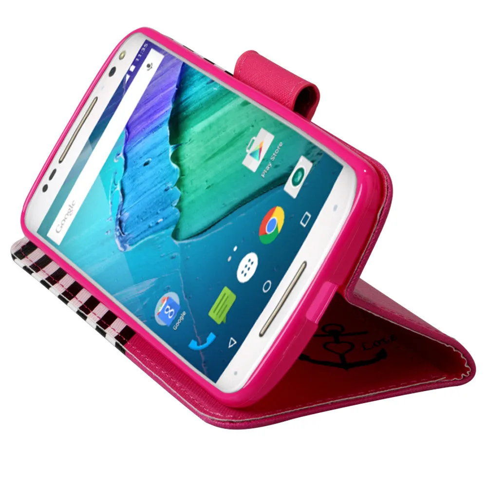 Motorola Moto X Style Case, Wrist Strap Magnetic Flip Fold[Kickstand] Pu Leather Wallet Case with ID & Card Slots - Hot Pink Anchor