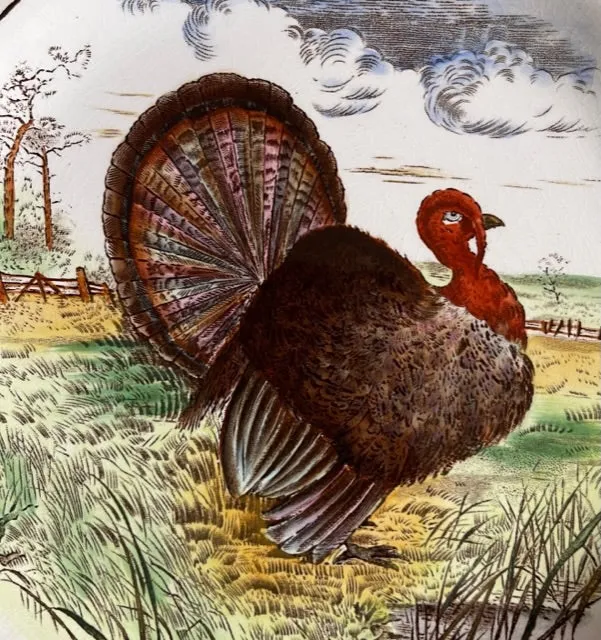 rare 9” Brown Wedgwood Circa 1903 Enameled Clobbered Antique Transferware Turkey Plate