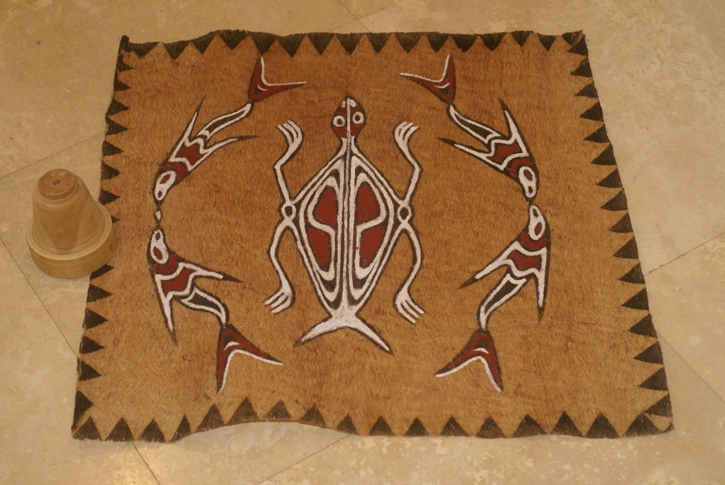 Rare Tapa Bark Cloth (Kapa in Hawaii), from Lake Sentani, Irian Jaya, Papua New Guinea. Hand painted by a Tribal Artist with natural pigments: Spiritual Stylized Motifs of fish and water bugs. 21" x 20,5" (no 38)