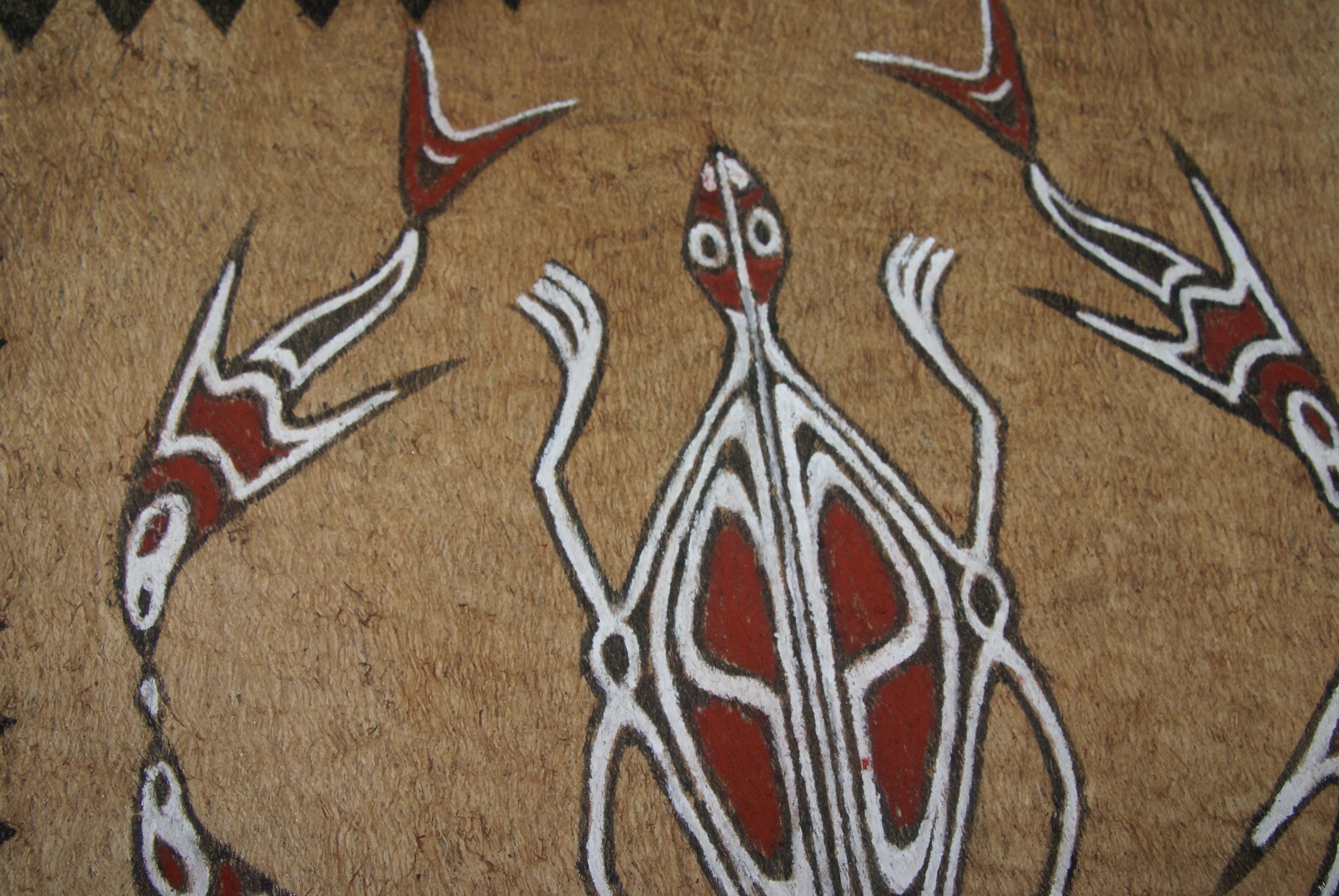 Rare Tapa Bark Cloth (Kapa in Hawaii), from Lake Sentani, Irian Jaya, Papua New Guinea. Hand painted by a Tribal Artist with natural pigments: Spiritual Stylized Motifs of fish and water bugs. 21" x 20,5" (no 38)