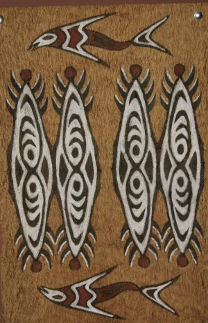 Rare Tapa Bark Cloth (Kapa in Hawaii), from Lake Sentani, Irian Jaya, Papua New Guinea. Hand painted by a Tribal Artist with natural pigments: Spiritual Stylized Shield Motifs & Fish 20" x 13 1/2" (no 23)