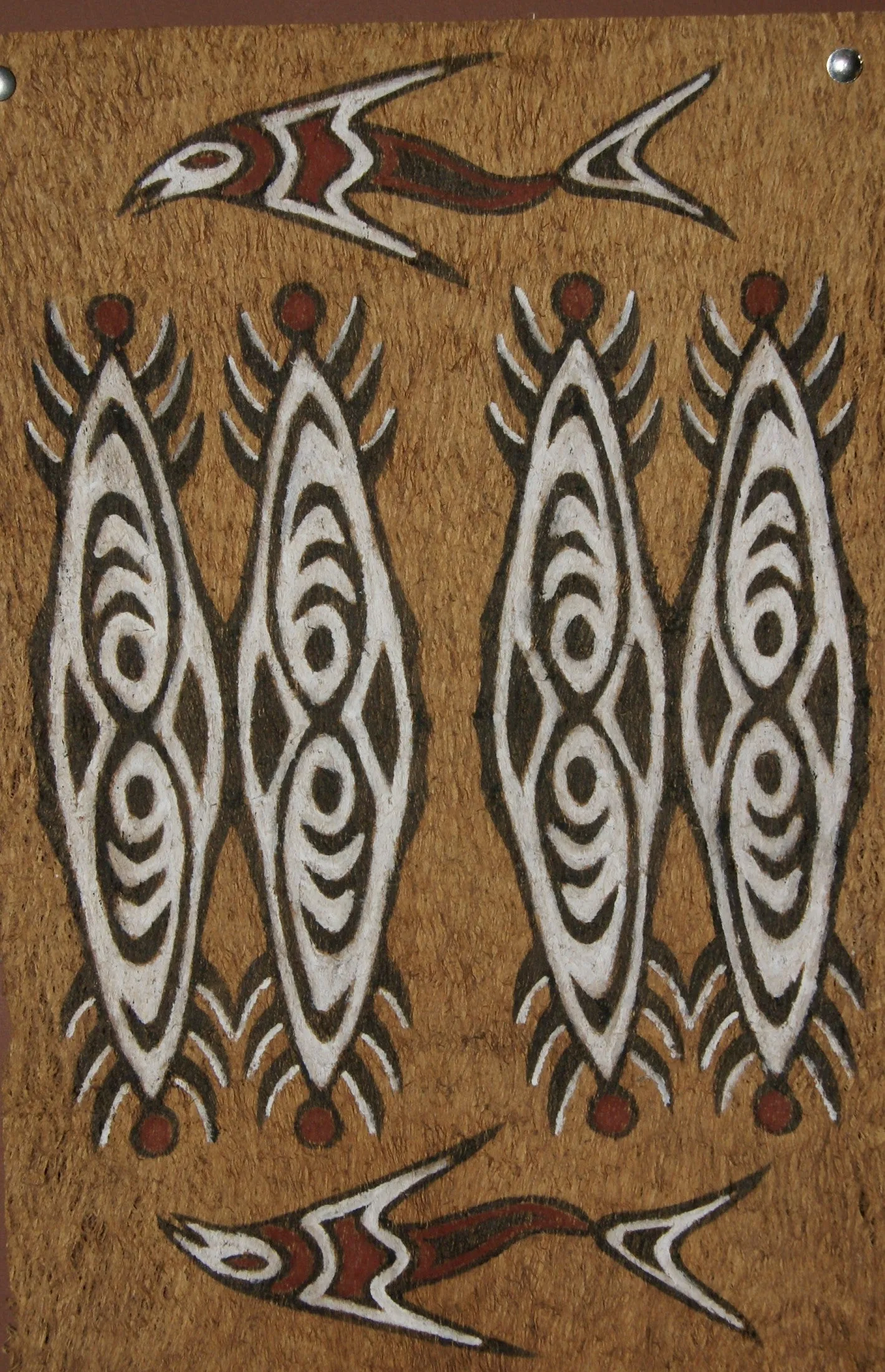 Rare Tapa Bark Cloth (Kapa in Hawaii), from Lake Sentani, Irian Jaya, Papua New Guinea. Hand painted by a Tribal Artist with natural pigments: Spiritual Stylized Shield Motifs & Fish 20" x 13 1/2" (no 23)