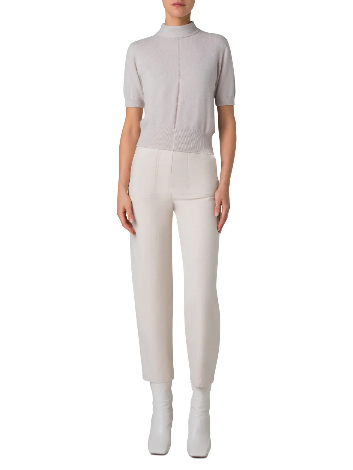 Short Sleeves Cashmere Sweater with Fine Sheer Stripe