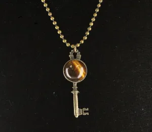 Steampunk Key Pendant Necklace with Pearl or Tiger Eye Cabochon, in fabric gift bag, Antique Gold, 18" or 24" Ball Chain, Made in USA, Each