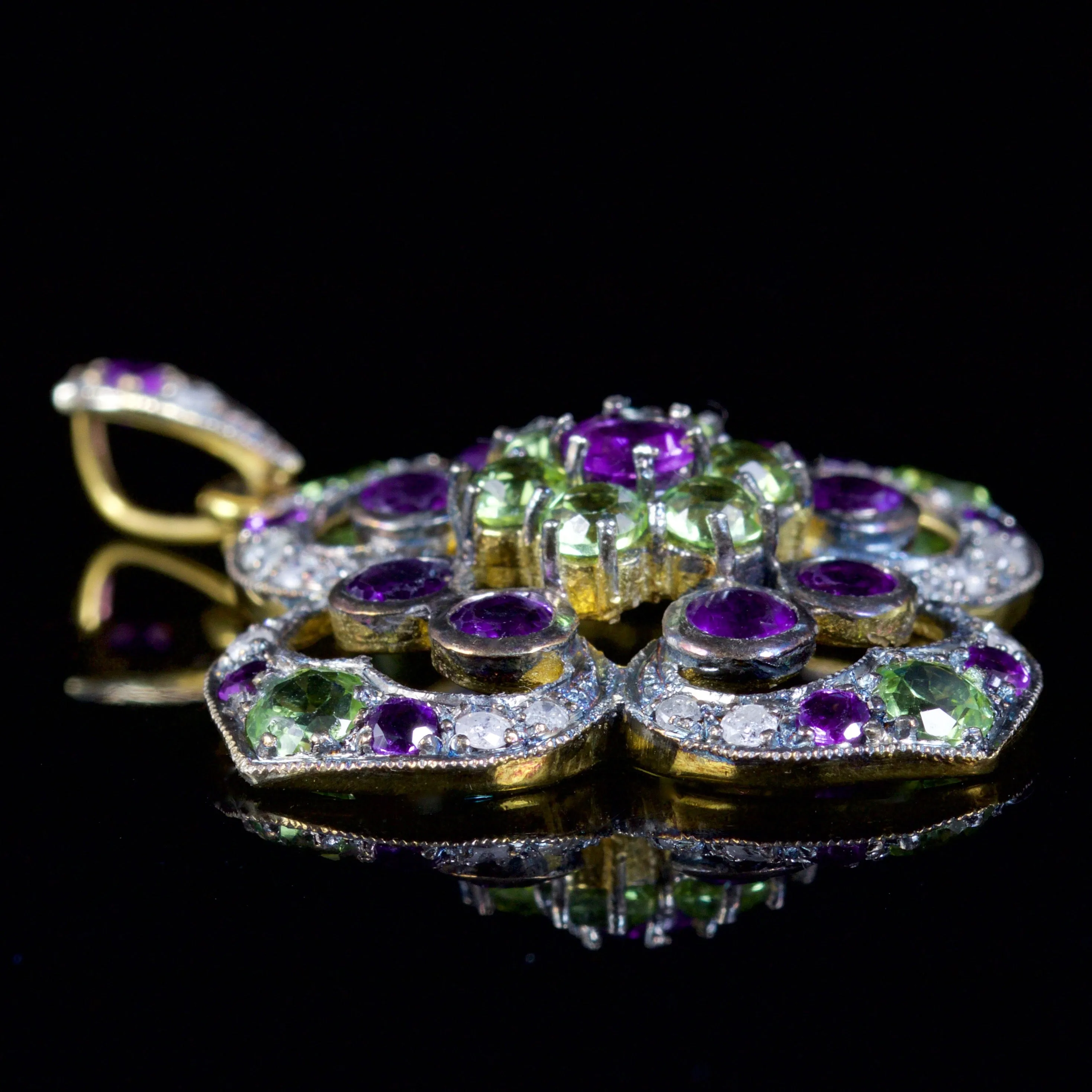 Suffragette Amethyst Peridot Diamond Pendant 18Ct Gold On Silver