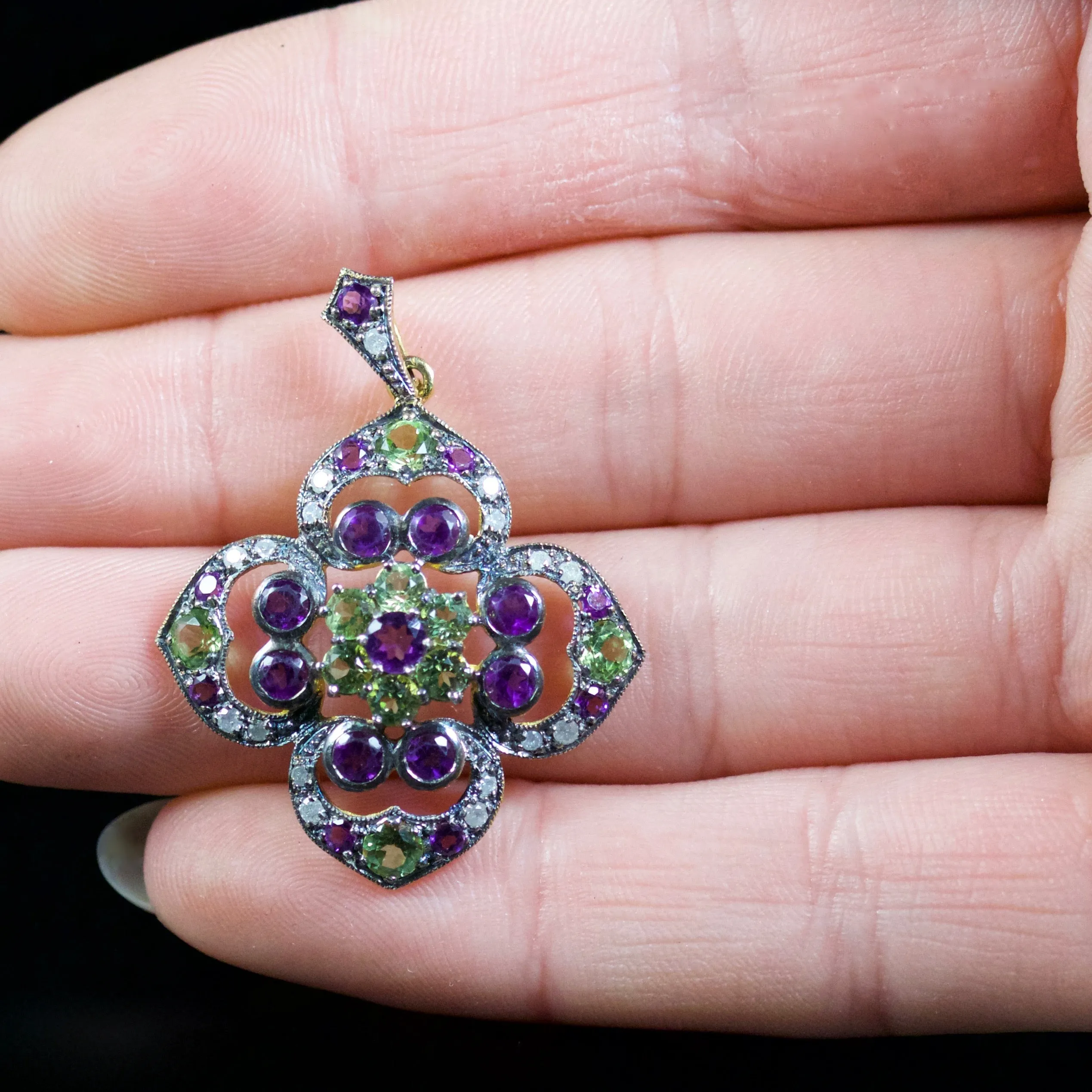 Suffragette Amethyst Peridot Diamond Pendant 18Ct Gold On Silver