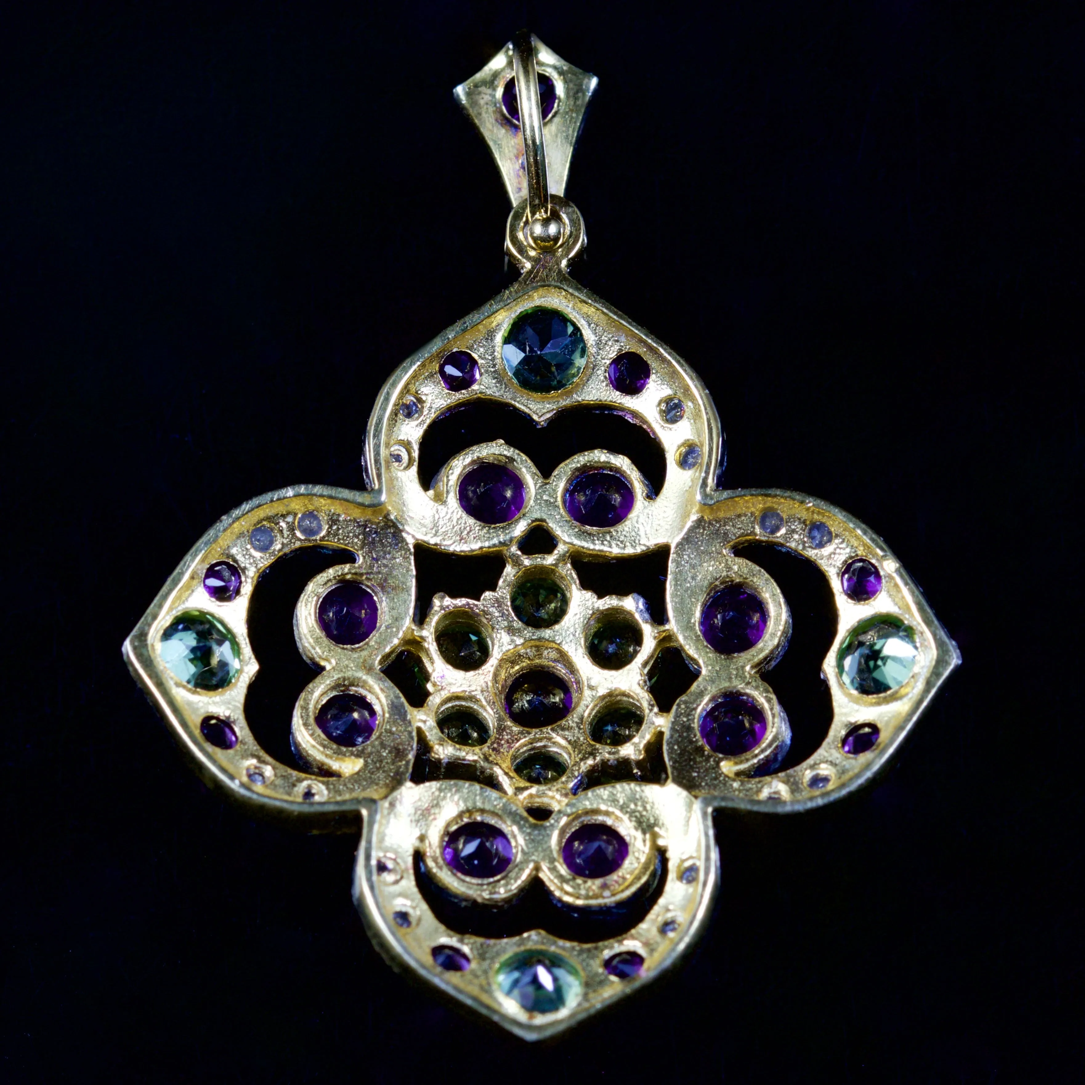 Suffragette Amethyst Peridot Diamond Pendant 18Ct Gold On Silver