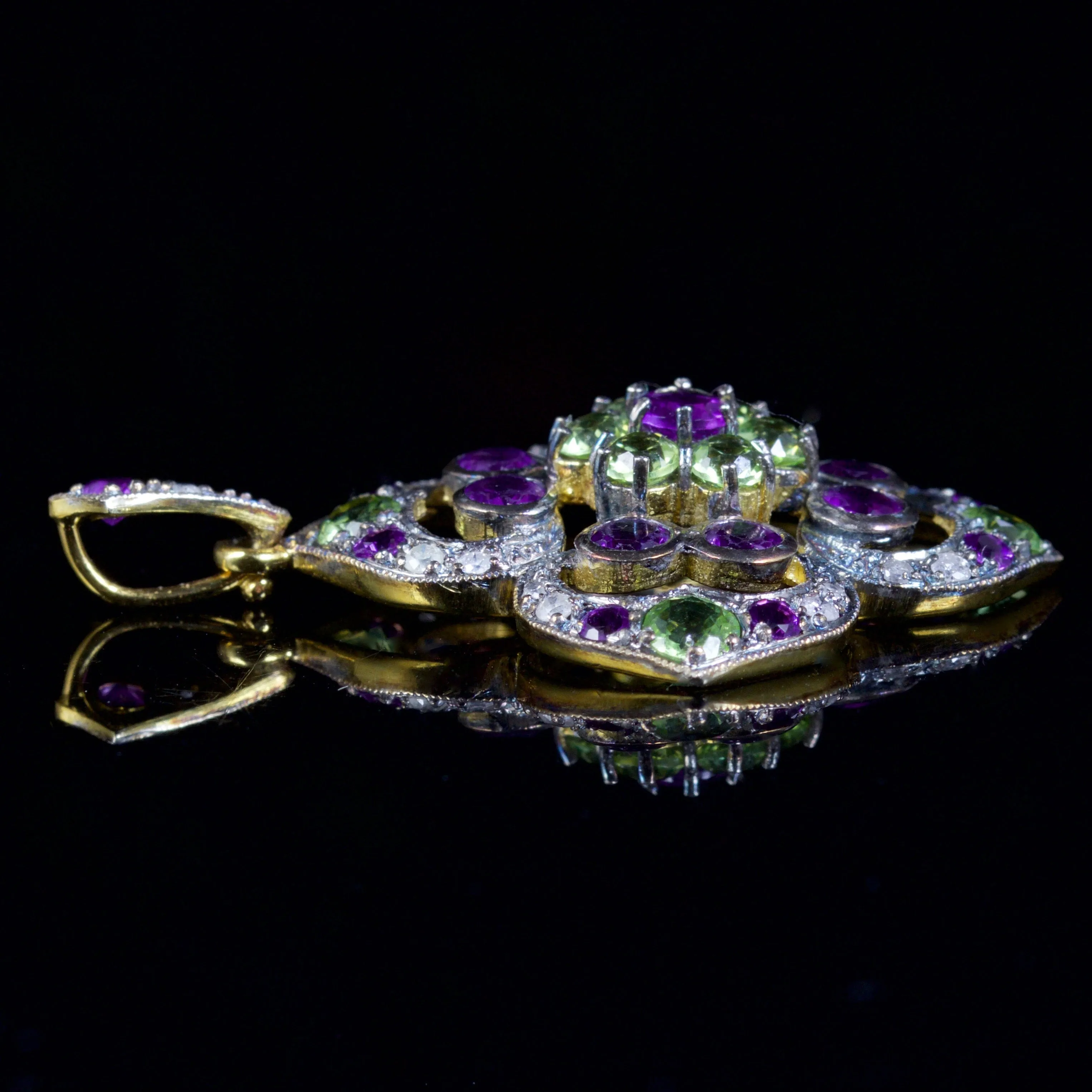 Suffragette Amethyst Peridot Diamond Pendant 18Ct Gold On Silver