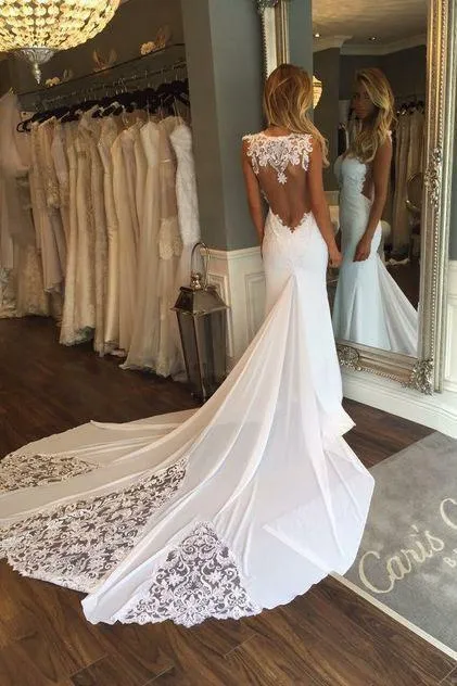 Unique Mermaid Sheer Neck Wedding Dresses with Lace Unique Ivory Bridal Dresses WK920