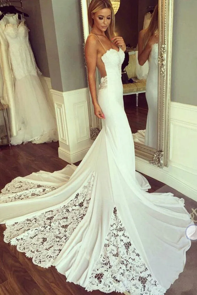 Unique Mermaid Sheer Neck Wedding Dresses with Lace Unique Ivory Bridal Dresses WK920