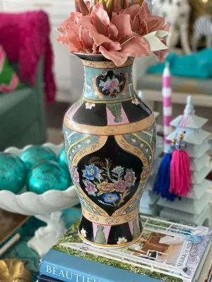 Vintage Black and Green Floral Asian Vase