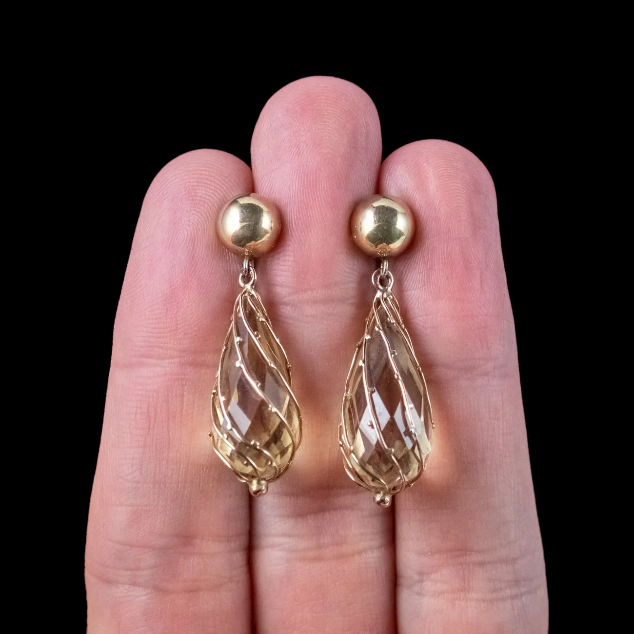 Vintage Briolette Citrine Drop Earrings 9ct Gold