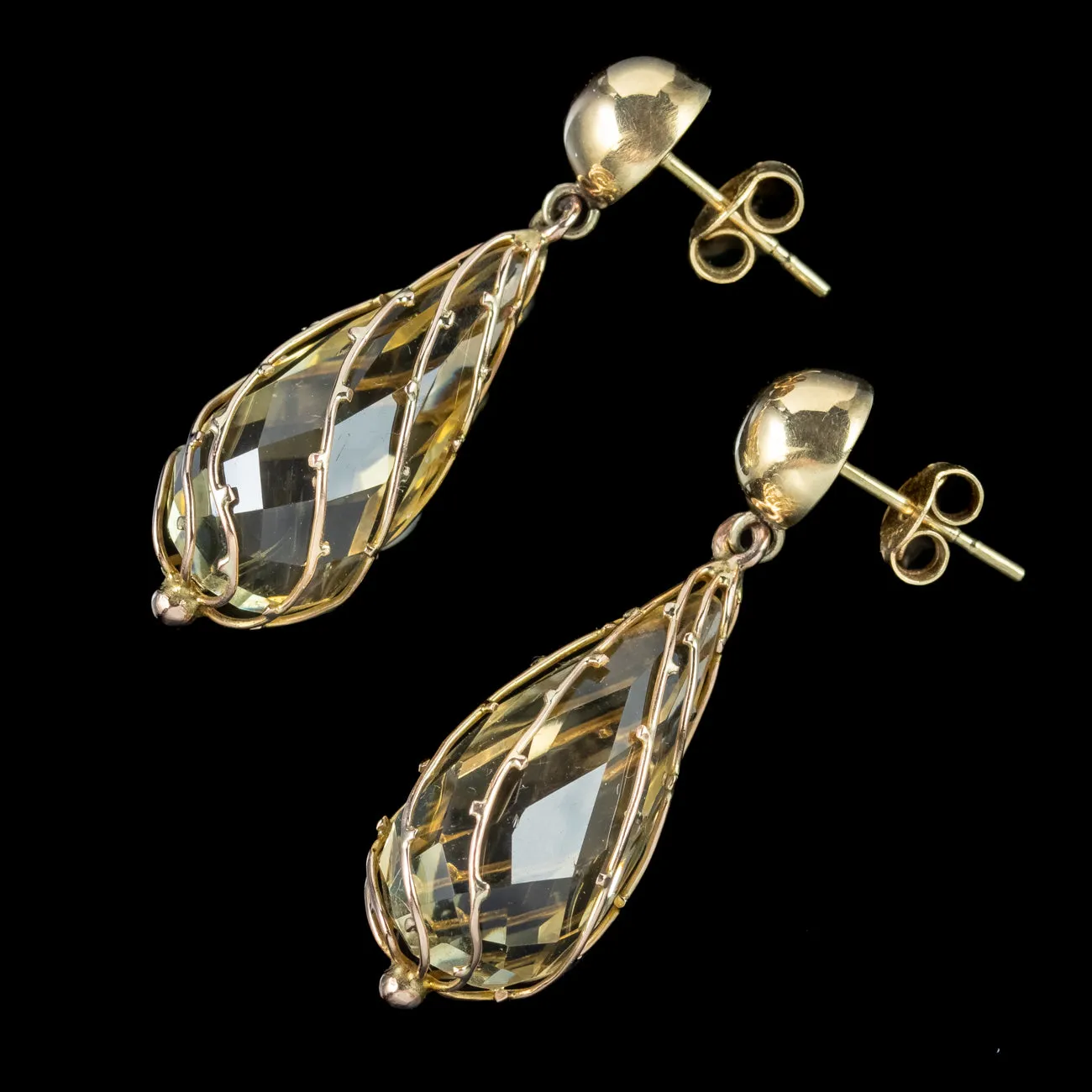 Vintage Briolette Citrine Drop Earrings 9ct Gold
