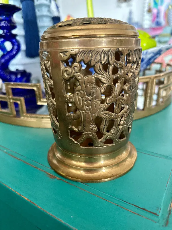 Vintage Chinese Incense Burner, Brass, 7 Immortals, Tea Light